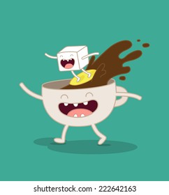 Vector illustration of comic characters coffee and sugar. Vector cartoon. Friends forever. You can use in the menu, in the shop, in the bar. 