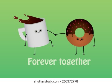 vector illustration of comic characters coffee and donut forever together 