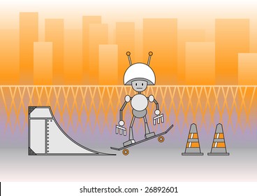 Vector illustration of comic robot with the skateboard on the urban background.