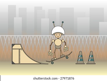 Vector illustration of comic robot with the skateboard on the urban background.