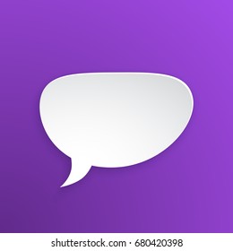 Vector illustration. Comic speech bubble for talk crooked at oval shape in paper version. Empty shape in flat style for chat dialogs. Isolated on violet background