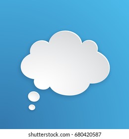 Vector illustration. Comic speech bubble for thoughts at cloud shape in paper version. Empty shape in flat style for chat dialogs. Isolated on blue background