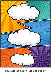 vector illustration of comic speech bubbles in white clouds on a vibrant pop art background Perfect for comic book designs, posters, and graphic projects, featuring halftone patterns and bubble shapes