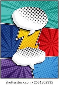 vector illustration of comic speech bubbles in white clouds on a vibrant pop art background Perfect for comic book designs, posters, and graphic projects, featuring halftone patterns and bubble shapes