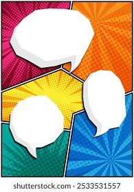 vector illustration of comic speech bubbles in white clouds on a vibrant pop art background Perfect for comic book designs, posters, and graphic projects, featuring halftone patterns and bubble shapes