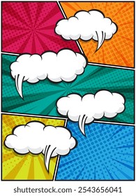 Ilustración vectorial de burbujas de discurso de cómic en nubes blancas sobre un fondo de arte pop vibrante Perfecto para diseños de cómics, carteles y proyectos gráficos, con patrones de semitonos y Formas de burbujas