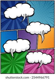 Ilustración vectorial de burbujas de discurso de cómic en nubes blancas sobre un fondo de arte pop vibrante Perfecto para diseños de cómics, carteles y proyectos gráficos, con patrones de semitonos y Formas de burbujas