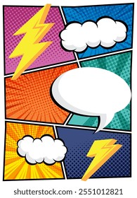 vector illustration of comic speech bubbles in white clouds on a vibrant pop art background Perfect for comic book designs, posters, and graphic projects, featuring halftone patterns and bubble shapes