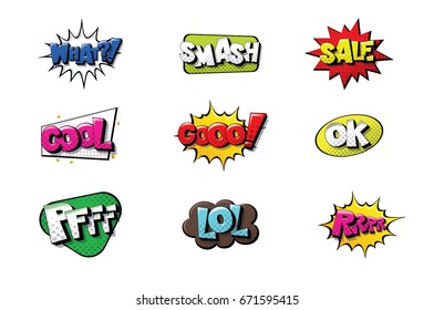 vector illustration. Comic speech bubbles collection design in the style of pop art. Color graphics for brochures, leaflets, cards and sales. Images of cartoon sounds in clouds and frames.