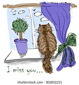 Vector illustration of comic style. Cat sitting on the window sill. A card that said "I miss you". Handdrawn illustration in the style of doodles