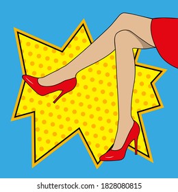 Vector illustration in comic style. Female feet in shoes on a comic background. Legs from under the skirt. Simple stock illustration.