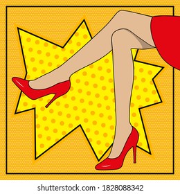 Ilustración vectorial en estilo cómic. Pies femeninos en zapatos con fondo cómico. Piernas de debajo de la falda. Ilustración de acciones simple.