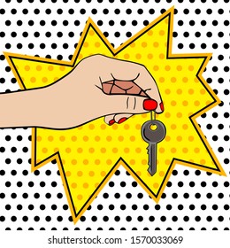 Vector illustration in comic style. Hand holding key on background with splash in comic style with polka-dots.