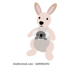 Vector illustration comic style of sad looking kangaroo carrying sad looking koala in her pouch tribute to forest fire in Australia isolated on white background with copy space for text