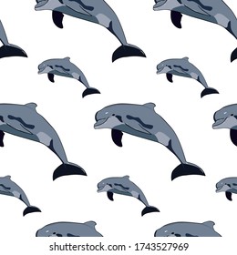 Vector illustration in comic style. Seamless pattern of dolphins isolated on white background. 