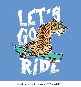 Vector illustration of comic tiger riding skateboard and typography.