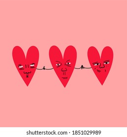 vector illustration - comic Valentine's day card.Funny ugly hearts with humor and sarcasm. 
The 14th of February heart characters hold hands on a pink background.Symbol of feminism, sisterhood, lgbt