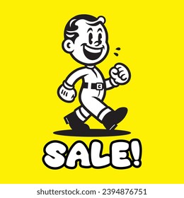 Vector illustration of a comic vintage cartoon male character with text Sale. Yellow background. Season sale sticker design