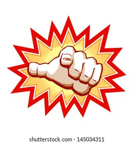 Vector illustration in comics style of hand with pointing finger. You can use this illustration for any of printed materials (placard, flyers, posters etc.) or as element of interactive graphic.