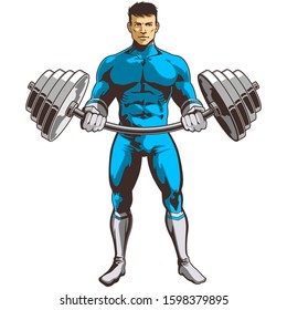 Vector Illustration in Comics Style of Powerlifter in Blue Superhero Costume Bending a Barbell Isolated on White Background