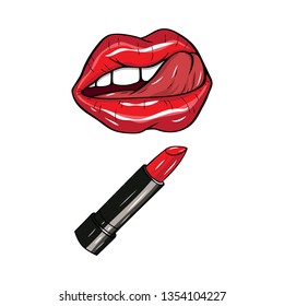 Vector illustration in comics style red sexy lip with tongue and tube lipstick isolated on white background. 