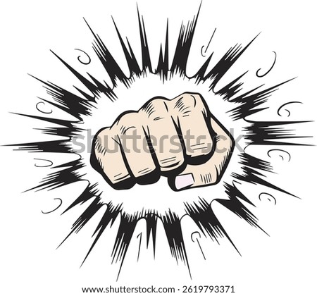 Vector illustration of a comic-style fist punch with explosive burst lines, symbolizing power, strength, and impact in pop art design