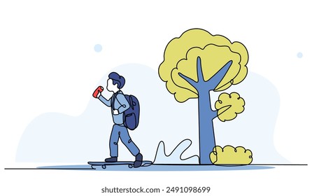 Ilustración vectorial de volver a casa de la escuela jugar skateboarding.Moderno piso en estilo de línea continua.
