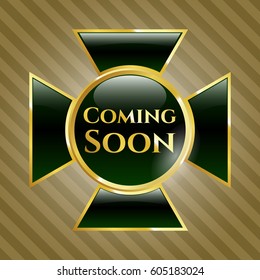 Vector Illustration of Coming Soon golden emblem in green color
