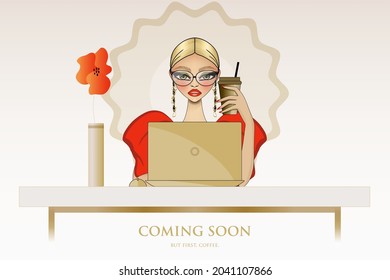 Ilustración vectorial para la página de construcción de Coming Pronto y Under con la chica de moda, su laptop y amapola roja. Plantilla de página web de moda y belleza para el blog de moda y belleza. 