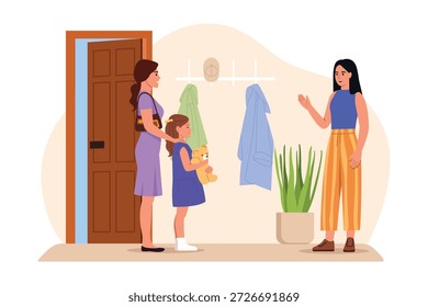 Vector illustration of coming to visit. Cartoon scene of mother and daughter coming to visit, girl greeting, hallway, door, outerwear hanging on hangers, flowerpot isolated on white background.
