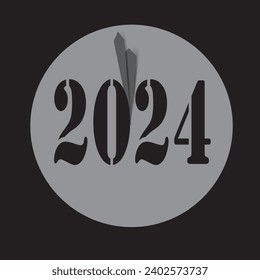 Vektorgrafik für das kommende Jahr 2024. Neues Jahr, Feiern. Schwarzer Hintergrund und schwarze Inschrift des Jahres 2024. Analoguhr auf grauem Hintergrund
