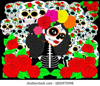 Vector illustration to commemorate the day of the dead, black background with colored decorated skulls, woman in disguise to celebrate the day and roses around her