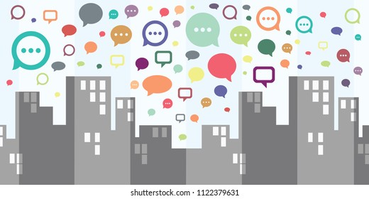 vector illustration of comments colorful icons and high buildings for urban networks and communication in city