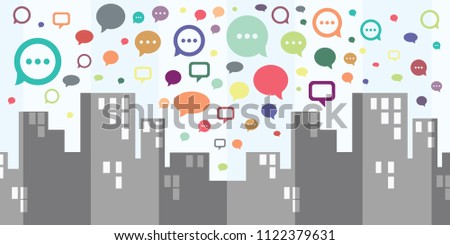 vector illustration of comments colorful icons and high buildings for urban networks and communication in city