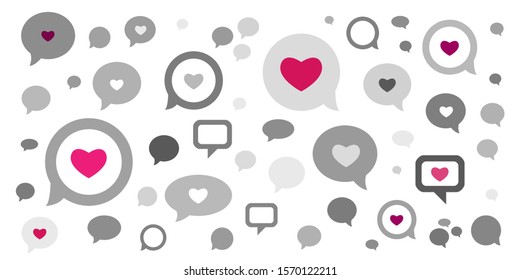 vector illustration of comments speech bubbles with pink hearts for romantic talks and virtual dating chat