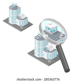 A vector illustration of a commercial company being examined.
Corporate examination icon illustration.
A financial building being checked under a magnifying glass.