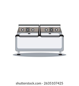Vector illustration of a commercial deep fryer with twin baskets and control knobs, ideal for restaurant or kitchen appliance design themes.