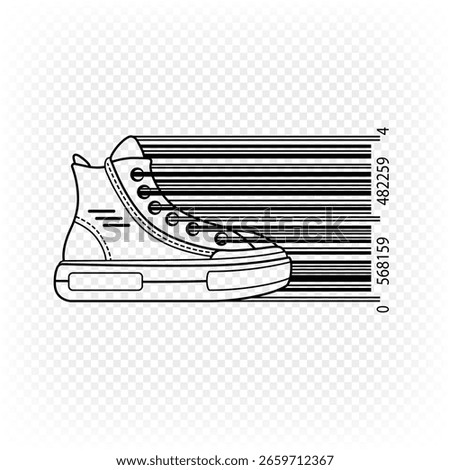 Vector illustration of commercial design of barcode with sneakers. Footwear advertising.