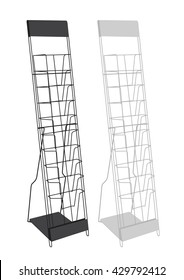 Vector illustration of commercial equipment. Rack for leaflet, flyers, magazines, coupons. White and black. Equipment for shops and retail outlets, showcases