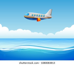 vector illustration of a commercial plane flying over sea