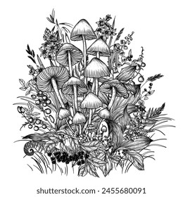 Vector illustration of common bonnet mushroom in the forest. Wild berries, flowers and plants in engraving style