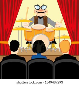 Vector illustration of the common-room and spectators on concerto of the musician of the percussion instruments