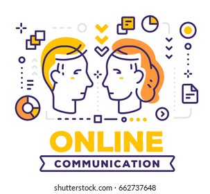 Vector illustration of communicating people male and female heads. Online communication concept on white background with title and icons. Thin line art design for web, site, banner, presentation