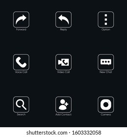 Vector Illustration of Communication Application Icons (Forward, Reply, Option, Voice Call, Video Call, New Chat, Search, Add Contact, and Camera)