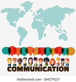 Vector illustration of a communication concept. People icons with colorful dialog speech bubbles over the word "communication". World map background. Flat modern design style