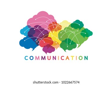 Vector illustration of a communication concept. The word communication with colorful dialog speech bubbles