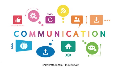 Vector illustration of a communication concept. The word communication with colorful dialog speech bubbles