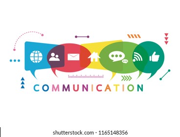 Vector illustration of a communication concept. The word communication with colorful dialog speech bubbles