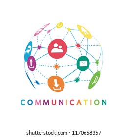 Vector illustration of a communication concept. The word communication with colorful dialog speech bubbles