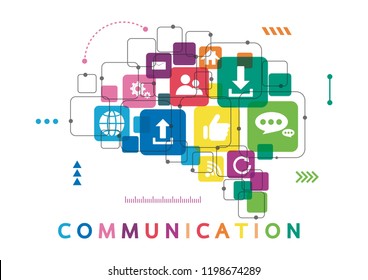 Vector illustration of a communication concept. The word communication with colorful dialog speech bubbles